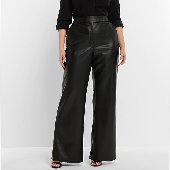 Express Pants - Express Super High Waisted Wide Leg Black Faux Leather Trouser Pants 12S